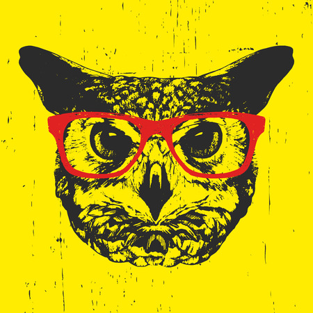 Portrait of Owl with glasses. Hand drawn illustration. Vector.のイラスト素材