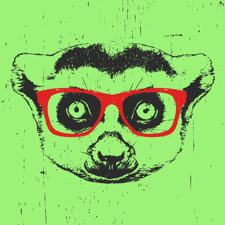 Portrait of Lemur with glasses. Hand drawn illustration. Vectorのイラスト素材