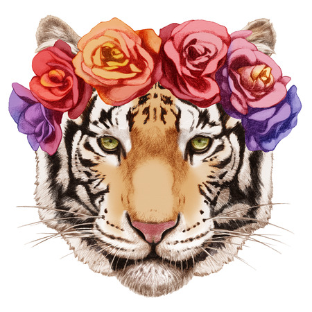 Portrait of Tiger with floral head wreath.  Hand-drawn illustration, digitally colored.の写真素材