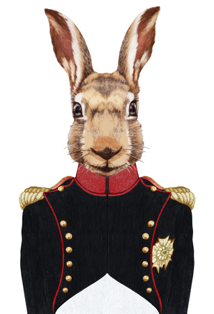 Portrait of Rabbit in military uniform. Hand-drawn illustration, digitally colored.の写真素材