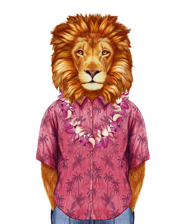 Portrait of Lion in summer shirt with Hawaiian Lei. Hand-drawn illustration, digitally colored.の写真素材