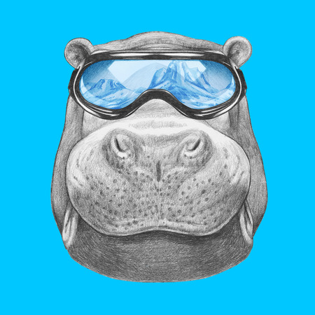 Portrait of Hippo with ski goggles. Hand drawn illustration.の写真素材