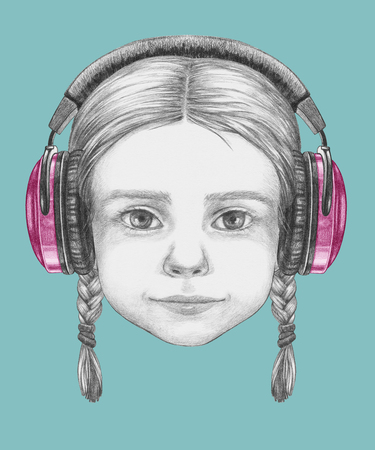 Portrait of Girl with headphone. Hand-drawn illustration.の写真素材