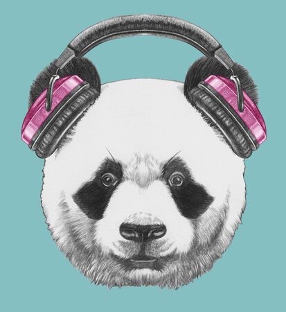 Portrait of  Panda with headphone. Hand-drawn illustration.の写真素材