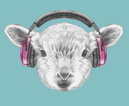 Portrait of  Lamb with headphones,  hand-drawn illustrationの写真素材