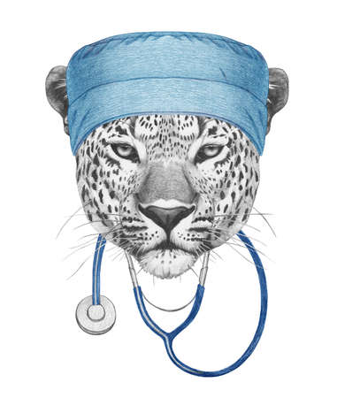 Portrait of Leopard with doctor cap and stethoscope. Hand-drawn illustration.の写真素材