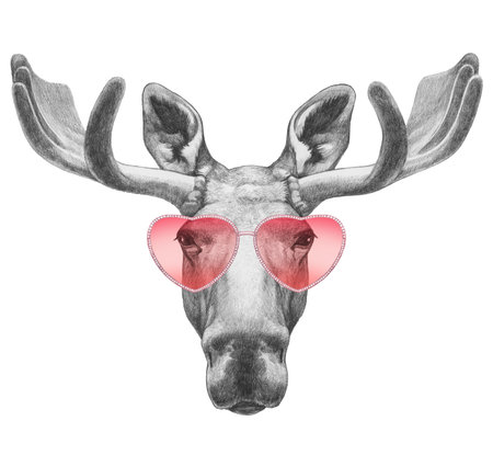 Moose in Love! Portrait of  Moose with sunglasses, hand-drawn illustrationの写真素材