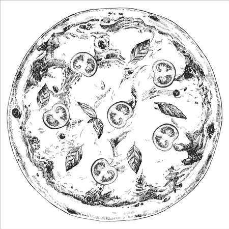 Traditional italian dishes. Hand-drawn illustration of Pizza. Vector. Ink drawing.のイラスト素材