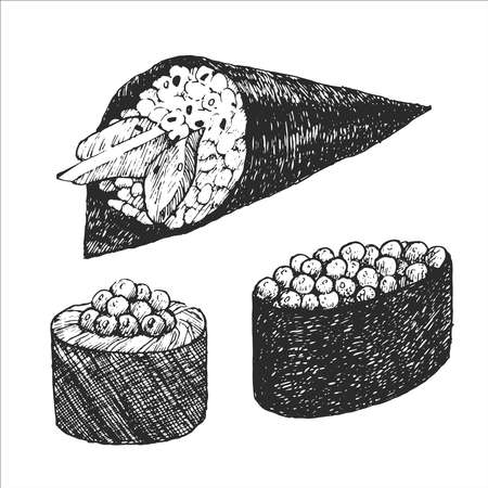 Japanese dishes. Hand-drawn illustration of Temaki and Gunkan Maki. Vector. Ink drawing.のイラスト素材