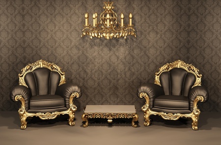 Baroque Armchairs with gold frame in old interior. Luxurious furniture. Deluxe apartment