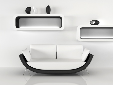 Modern sofa with decoration in minimalism interior. white black Apartment
