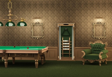 billiards. pool table and furniture in luxurious interior. Empty frames on the wall and armchair in...