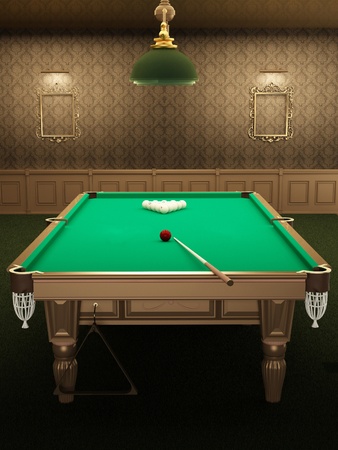 billiard or pool table in luxurious interior with pattern wallpapers. pocket a ball