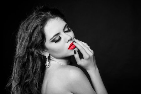 Glamour lady, beauty woman with red lipの写真素材