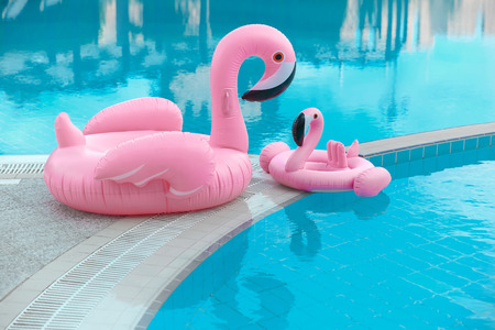 Family look. Two Pink flamingo  inflatable swimming pool ring, tube, float. Summer vacation holiday...
