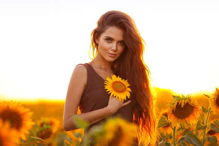 Beautiful young girl enjoying nature on the field of sunflowers at sunset. Summertime. Attractive brunette woman with long healthy hair.の写真素材