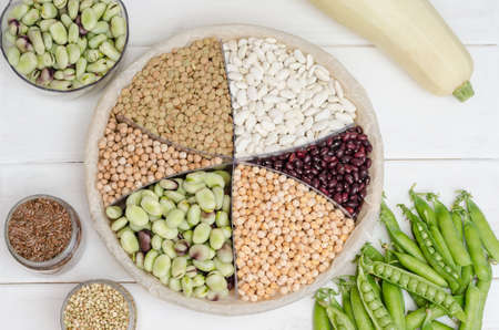 Vegan source of protein. Beans, lentils, peas, chickpeas, beans. Top view on a white table. Healthy...