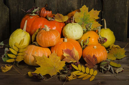 Autumn still life of pumpkins and autumn leaves on an old wooden background. Harvest Festival,...