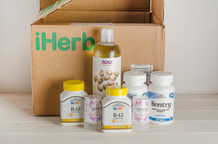 Chelyabinsk, Russia. 06.05.2020. The package of Iherb is coconut oil, castor oil, B12 vitamins, zinc. Organic foodのeditorial素材