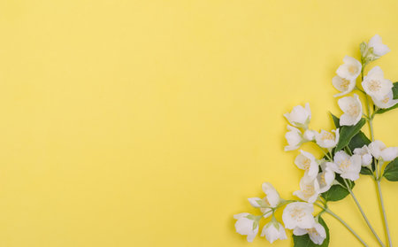 Greeting card background, delicate jasmine flowers on a light yellow background with copy space with selective focusの写真素材