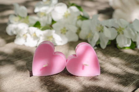 Valentines day card, two pink candles in the form of hearts on a wooden background with apple tree...