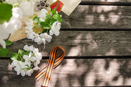 Victory Day card - St. George ribbon and apple-tree flowers on an old wooden background with copy...