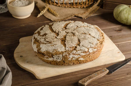 Freshly baked delicious whole grain rye bread, homemade cakes.