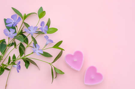 Valentines day pink background with heart shaped candles and flowers with copy space, spa treatment themeの写真素材