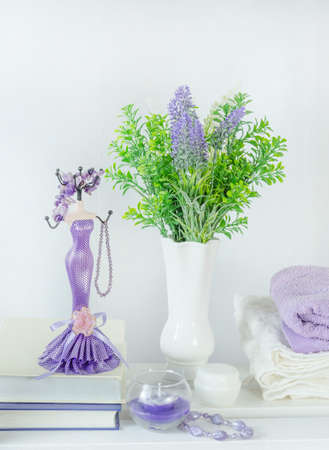 The interior in the style of the color of the year 2022 is very perry, various things on a wooden...