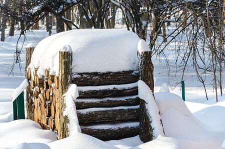 firewood stacked in a forest under snow on a cold winter day, closeup