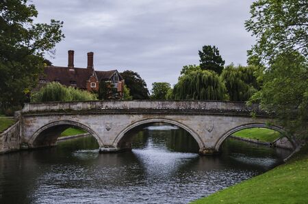 the flow of the river between the grassy shores surrounded by trees, a warm summer day in the parkの写真素材