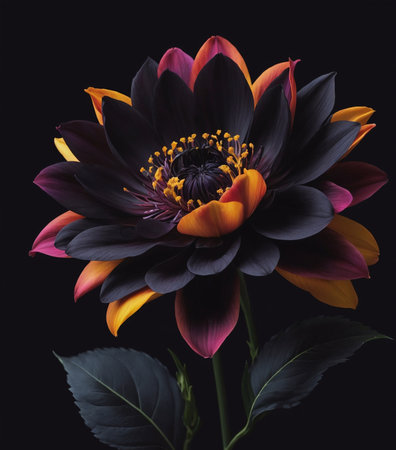 A striking tulip showcases its vibrant purple and yellow petals against a dark backdrop. The flower stands tall and proud, with green leaves providing a stunning contrast. This captivating bloom radiates elegance and charm, displaying the beauty of nature's design.の写真素材