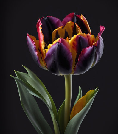 A striking tulip showcases its vibrant purple and yellow petals against a dark backdrop. The flower stands tall and proud, with green leaves providing a stunning contrast. This captivating bloom radiates elegance and charm, displaying the beauty of nature's design.の写真素材