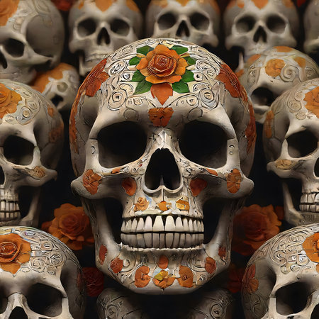 Adult sugar skull with bright rose flowers, dark gray and dark black style, digital printing, asymmetric design, made of crystals, detail oriented, simple designの素材