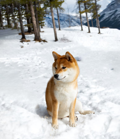 A Shiba Inu sits comfortably in fresh snow among tall trees, enjoying the serene mountain scenery on a clear day.の写真素材