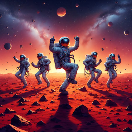 An astronaut walks on a red, rocky surface under a colorful sky filled with distant planets and glowing light beams at dusk.の素材