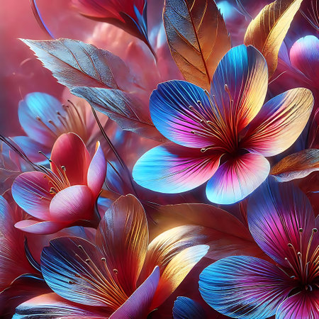 A beautifully illuminated flower with bright multi-colored lighting that highlights its intricate details and creates a captivating contrast against the dark background.の素材