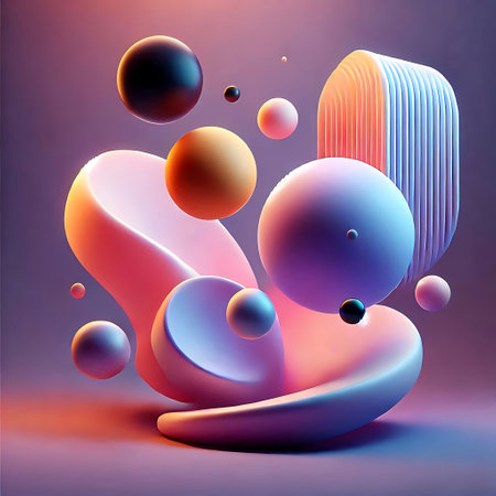 Abstract 3D render of geometric shapes with vibrant colors and dynamic lighting, creating an artistic and futuristic composition, evoking creativity and innovation in a surreal environment.の素材