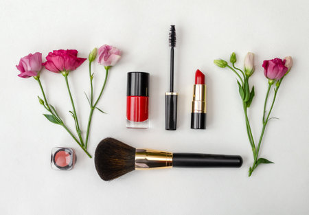 Cosmetics, skillfully arranged with delicate flowers on a light background. The composition emphasizes a fresh and bright theme for makeup lovers.の写真素材
