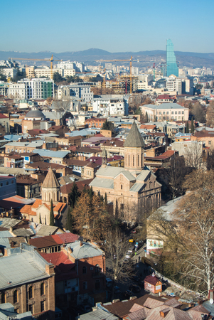 TBILISI, GEORGIA - JANUARY 5, 2017: A view to Tbilisi old town and a cableway over the city,...
