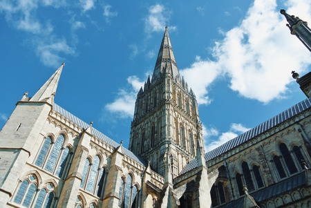 LONDON, ENGLAND - AUGUST 02, 2013: View of Salisbury cathedral church of the Blessed Virgin Mary. Example of early english gothic architecture.のeditorial素材