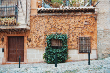 Old narrow medieval street of Toledo, vintage houses with lanterns and pots with plants on the terrace and a wall covered with dry and green leaves of ivy.のeditorial素材
