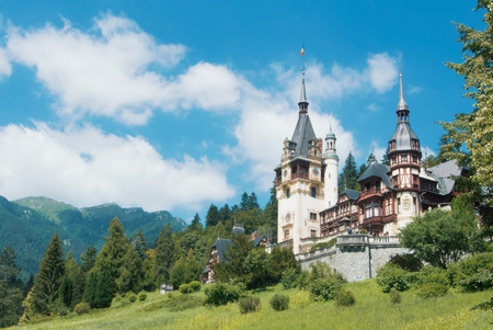 SINAIA, ROMANIA - JULY 30, 2017: A view to famous royal Peles castle in Sinaia in Carpathian mountains, Transilvaniya.のeditorial素材