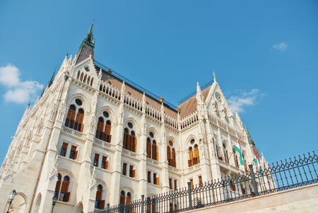 Close up view to Budapest parliament building and a beautiful blue sky at the background, Hungary.のeditorial素材