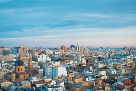 Evening panoramic view of Valencia city center from a tower of Valencia Cathedral, Spain.の写真素材