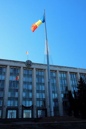 Parliament House, and the tricolor flag, December 13, 2014, Chisinau, Moldovaの写真素材