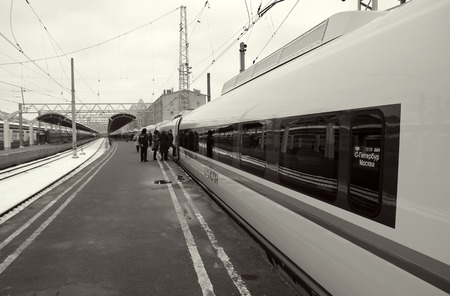Passengers boarding the fast train to Moscow railway station, Russia, St. Petersburg, January 29, 2015のeditorial素材