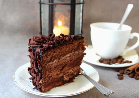 A piece of chocolate cake and coffee.の写真素材