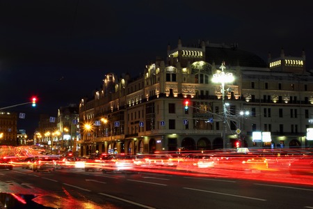 July 11, 2015, Moscow, Russia, night view of the street with traces from the headlights of cars.のeditorial素材