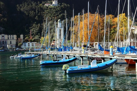 November 1, 2015, Italy, Riva del Garda, Yachts, standing in the parking lot at the dock of Lake Garda.のeditorial素材